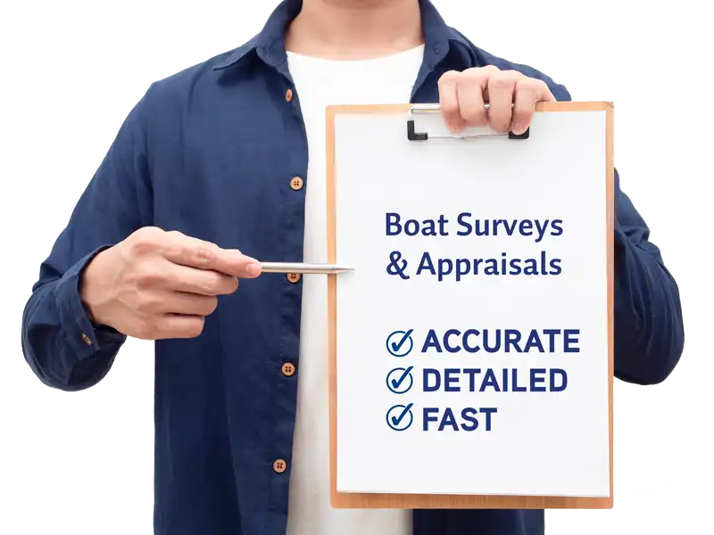 Marine consultant holding a clipboard and pointing a pen at the words, "Boat Surveys & Appraisals. ACCURATE. DETAILED. FAST."