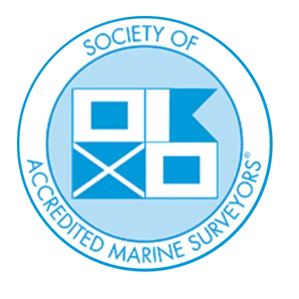 society of accredited marine surveyors logo. blue outlined circle with outer white ring that says "society of" at the top and "accredited marine surveyors" at the bottom. An inner ring is light blu and contains four flags in a two by two configuration.